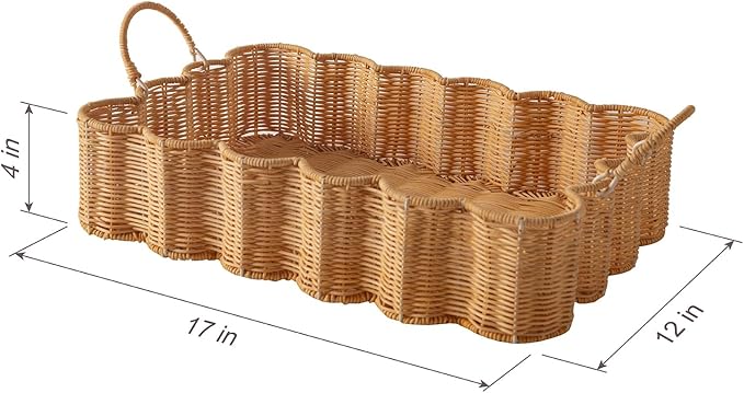 Scalloped Rattan Tray Basket,17"*12"*4" Super Hard Rectangle Hand Woven Wicker Serving Tray with Handles, Seagrass Decoratve Tray for Coffee Table (Rattan-Cream Color-17 * 12 * 4")