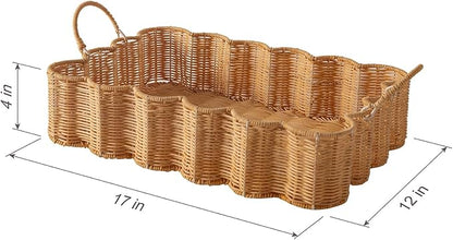 Scalloped Rattan Tray Basket,17"*12"*4" Super Hard Rectangle Hand Woven Wicker Serving Tray with Handles, Seagrass Decoratve Tray for Coffee Table (Rattan-Cream Color-17 * 12 * 4")