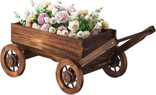 PULIJIA Wooden Wagon Planter Outdoor Garden Planter, Trolley Decoration Succulent Flower cart, Indoor Outdoor Backyard Balcon Decor cart with Wheels, Planter for Patio. (HC-L)