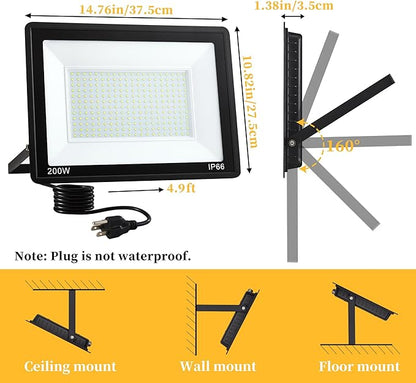 ADYENA LED Flood Light Outdoor Plug in,Super Bright Security Lights,IP66 Waterproof 6000K Daylight White Stadium Lights,Floodlights for Garage,Yard,Garden,Playground