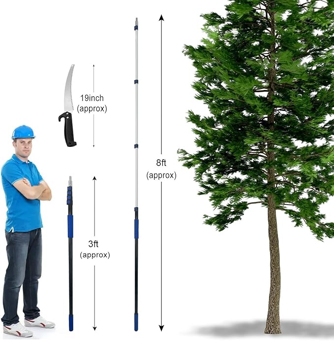 26FT Reach Pole Saws for Tree Trimming with 5-20FT Telescoping Extension Pole, Anti-slip Handle, Manual Pruning Pole Saw with 19" 3X Detachable Saw for Forestry, Yard, Garden, Patios