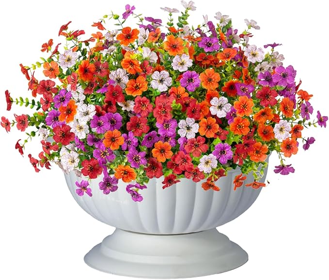 12 Bundles Artificial Flowers,Faux Plants for Spring Summer Decoration, UV Resistant Colorful Violets Eucalyptus for Outside Home Planter Porch Patio Yard Décor