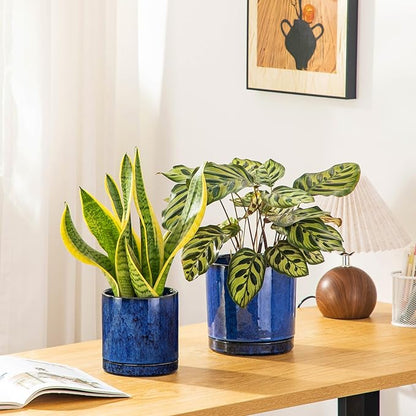 vancasso Ceramic Plant Pots, 3 Piece Planters for Indoor Plants, 4.25+5.25+6.25 Inch Flower Pots with Drainage, Plant Pots Indoor for Succulent, Pothos, Snake Plant and Money Tree, Etc (Blue)