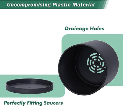 D'vine Dev 2 Pack 5.5 Inch Modern Plastic Plant Pots, Small Garden Planters for Plant with Drainage Holes and Saucers, Black Color, 74-Y-H-1