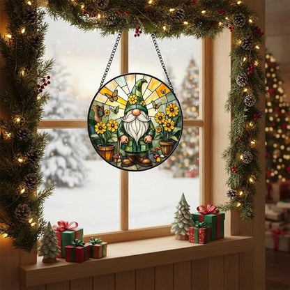 Stained Glass Window Hanging, Gnome in Garden Sun Catcher for Indoor Window Decoration with Flower & Butterfly, Stained Glass Home Decor Gift for Women and Men G02 (6.3'')