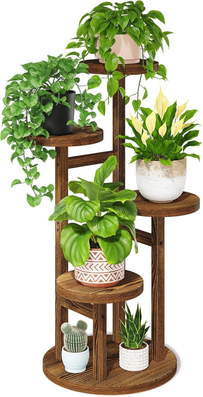 LASZOLA Black 4 Tiered Wooden Plant Stand Indoor with Heavy Duty Planter, Large Multiple Level Vertical Flower Rack for Narrow Corner, Sturdy Rustic Shelving Organizer Holder for Modern House Bathroom
