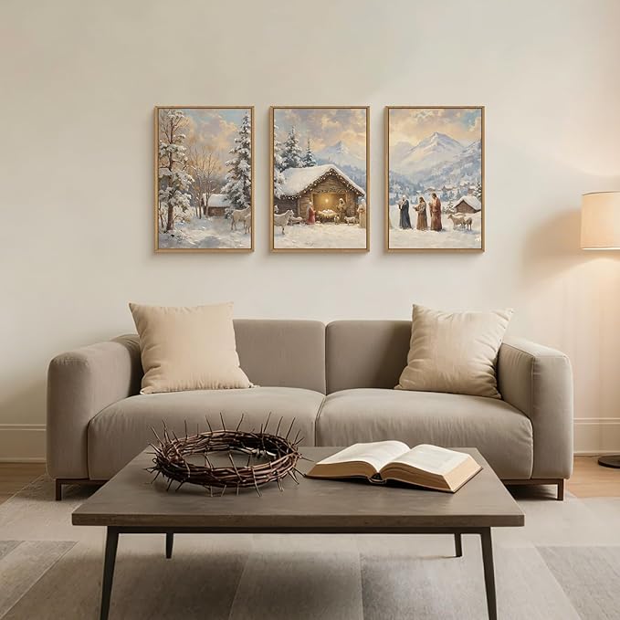HOURIA Christian Christmas Nativity Framed Canvas Wall Art Set,Religious Mary Joseph & Jesus Christ Biblical Decor,Holy Family Star of Bethlehem Winter Artwork for Living Room,Church,Holiday-16"x24"x3