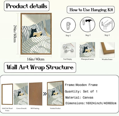 Funny Black Cat Wall Art Painting, Whimsical Cat in Stripe Bed Reading Wall Decor, Cute Animal Book Lover Blue and White Poster Canvas Prints for Bedroom Living Room 16x24 inch Wood Framed