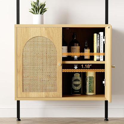 Set of 2 Tall Bookshelf with Storage, 6 Tier Ladder Bookshelf with Rattan Cabinet, Wall Mounted Bookcase with Doors & Metal Frame for Living Room, Bathroom, Home Office, Black