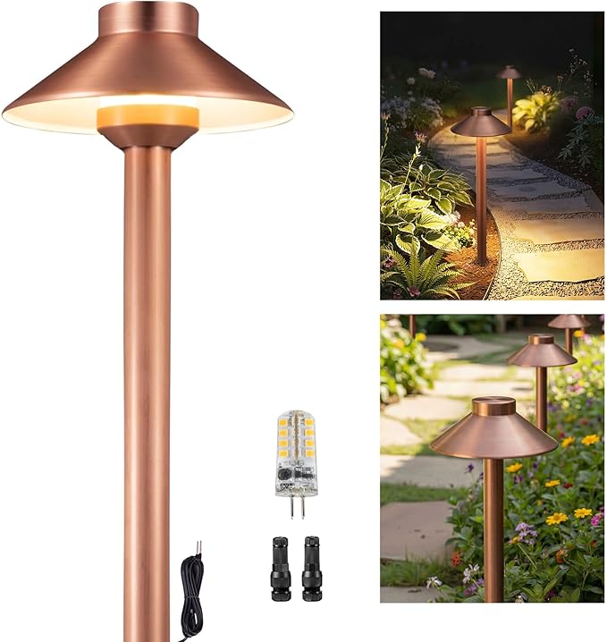 Gardenreet Brass Path Lights Copper, Low Voltage LED Landscape Pathway Lights, 12V Outdoor Waterproof Landscape Lighting(Hat) for Walkway Driveway Garden Yard with 3W 2700K Warm White LED G4 Bulb