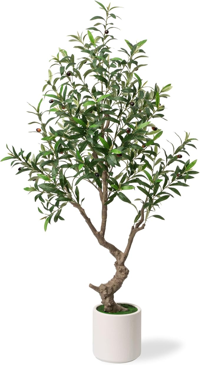 Fake Tree Faux Olive Tree with White Tall Planter Tall Fake Plant 5 Feet Tall Faux Trees Indoor Olive Trees Artificial Indoor Suitable for Home Decoration Hotel Dining Room Office Decoration