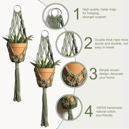 Artilady Macrame Hanging Planter for Indoor Plants, Boho Woven Plant Hanger Large Hanging Flower Pot Holders Outdoor Baskets Storage Green Wall Decor