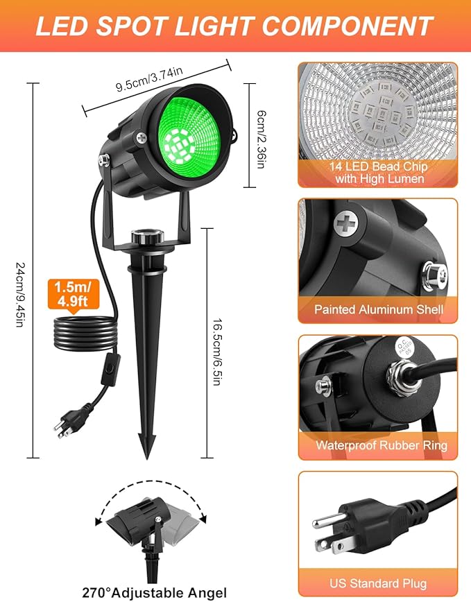 Christmas Green LED Spot Lights Outdoor, 14 LED Landscape Lighting with US Plug, IP65 Waterproof Spotlights for Tree Yard Garden Pathway Halloween St. Patrick's Day Flag Decor 2 Pack