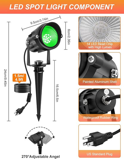 Christmas Green LED Spot Lights Outdoor, 14 LED Landscape Lighting with US Plug, IP65 Waterproof Spotlights for Tree Yard Garden Pathway Halloween St. Patrick's Day Flag Decor 2 Pack