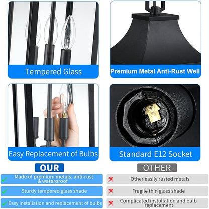 15'' Large Outdoor Pendant Light Fixtures 3-Light, Exterior Hanging Lantern Porch Light Adjustable, Black Hanging Lamp Farmhouse Exterior Chandelier Ceiling Mount for Entrance Patio