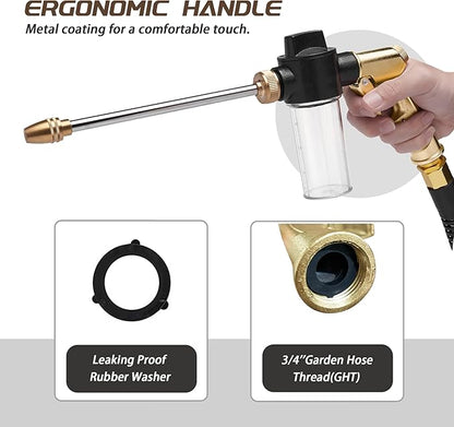 High Pressure Garden Hose Nozzle Sprayer with 3.5oz Plastic Soap Dispenser Bottle, Heavy Duty Car Wash Foam Gun, Adjustable Nozzle for Gardening, Solar Panel Cleaning, Pet Showering (Brass)