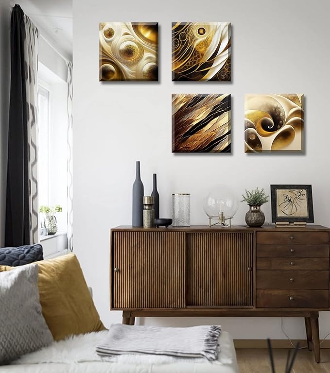 BLINFEIRU Modern Gold Abstract Canvas Wall Art Black and Gold Wall Decor for Living Room Bedroom Abstract Painting Pictures Home Office Artwork Framed Ready to Hang 12x12 Inch