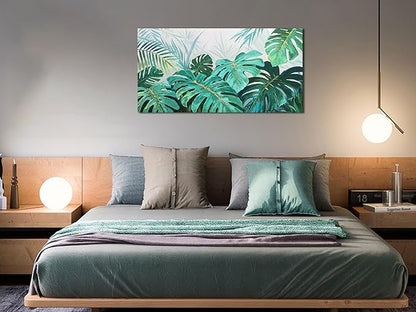 Enartly Palm Green Leaf Canvas Wall Art for Living Room, Monstera Tropical Leaf Painting Jungle Plant Picture Nature Artwork Print Framed Bedroom Hallway Office Home Decor, Large 58"x29"