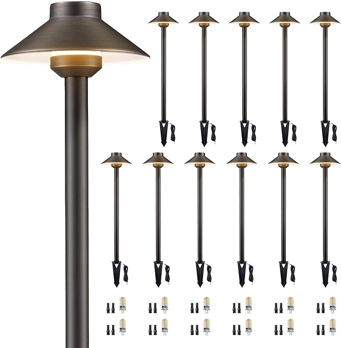 Gardenreet Brass Low Voltage Path Lights, 12V Landscaping Pathway Light IP65 Waterproof, Wired Walkway Lighting Outdoor, LED Bronze for Lawn Backyard with 3W 3000K Soft White G4 Bulb (12 Pack)