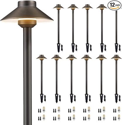 Gardenreet Solid Cast Brass Pathway Lighting - 12v Landscape Path Light Outdoor Waterproof, Electric Walkway Lights Wired, Hat Shape Bronze Garden Decoration with 3W Neutral White G4 Bulb (12 Pack)