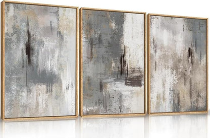 Large Abstract Grey and Beige Framed Canvas Wall Art,Neutral Brush Stroke Wall Decor,Natural Modern Color Block Artwork,Minimalist Nordic Art Print for Living Room,Bedroom,Office- 24"x36"x3