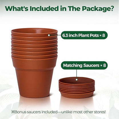 T4U 6 Inch Plant Pot 8-Pack, Plastic Planter with Drainage Hole and Saucer, Decorative Nursery Pots Bulk for African Violet, Snake Plant, Succulent, Herb and Plants Indoor (8 Pcs 6" Pots)