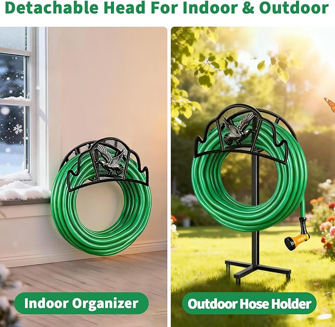 AMAGABELI GARDEN & HOME Hose Holder for Outside Freestanding 150 Feet Holds Heavy Duty Metal Detachable Rustproof Hose Stand Hanger Decorative Water Hose Storage With Ground Stakes Garden Lawn Black