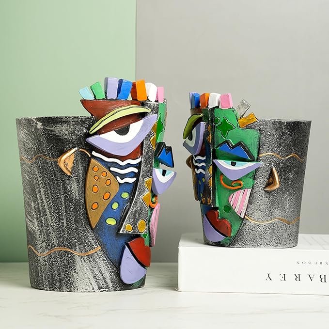 Picasso Face Planter Pots Abstract Art Colorful Flower Vase with Drainage Hole Unique Head Flower Pots for Home Balcony Decoration (Large)