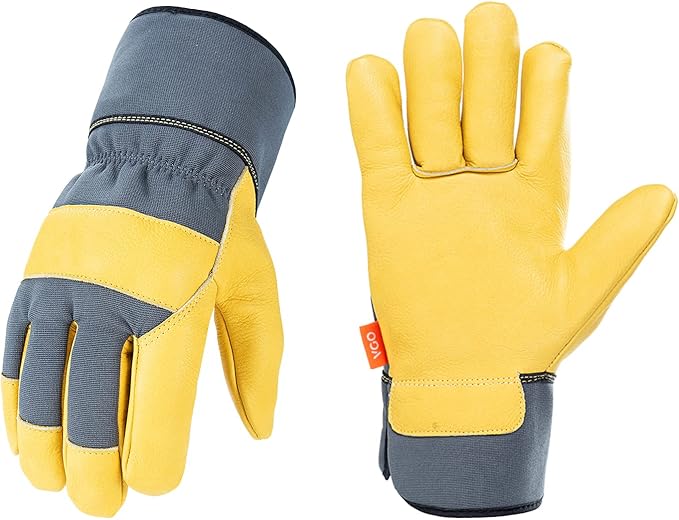 Vgo... 1-Pair Unlined Safety Cow Grain Leather Work Gloves Men, Rigger Gloves, Builder Gloves, Construction gloves, Gardening gloves (Size XL, Gray Yellow, CA3501)