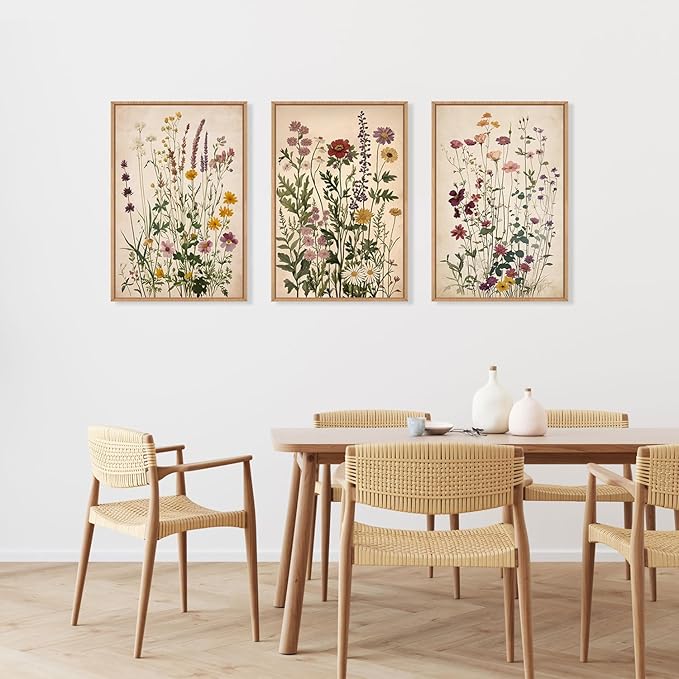 Vintage Wildflower Watercolor Framed Canvas Wall Art Set, Retro Flower Botanical Wall Decor, Colorful Floral Wall Painting, Flower Illustration Art Prints for Living Room, Bedroom 16"x24"x3