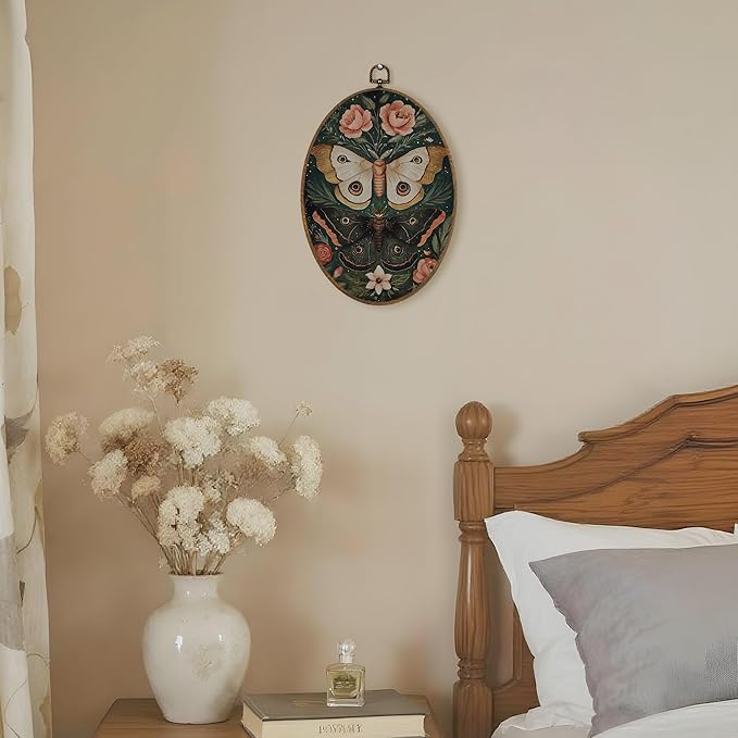 LKETW Vintage Floral Butterfly Oval Wall Art Decor, Gothic Dark Academia Butterfly Oval Canvas Hanging Decor, Cottagecore Moth Botanical Wall Decorations for Home Bedroom Living Room, 8.6x11.4 Inch