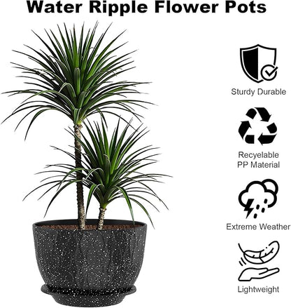10 inch Large Plant Pots, Flower Pots with Multi-Mesh Drainage Holes and Saucer, Plastic Planters for Indoor and Outdoor Garden Plants (Speckled Black, 10")