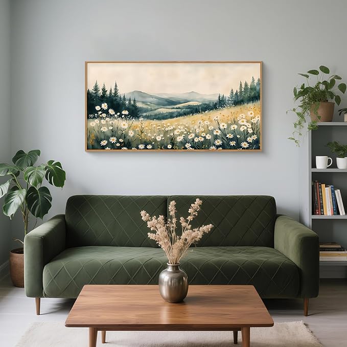 Large Misty Mountain Framed Canvas Wall Art,Nature Daisy Flower Wall Decor,Modern Foggy Forest Art Painting,Abstract Woodland Landscape Artwork for Living Room,Bedroom,Dining Room-20"x40"x1