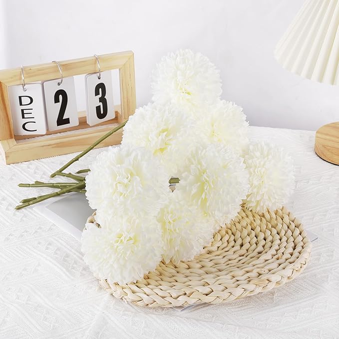 12 Pcs Artificial Chrysanthemums Flowers Silk Ball White Flowers Fake Mums Spring Flowers for Valentine‘s Day Wedding Home Decor (12, White)