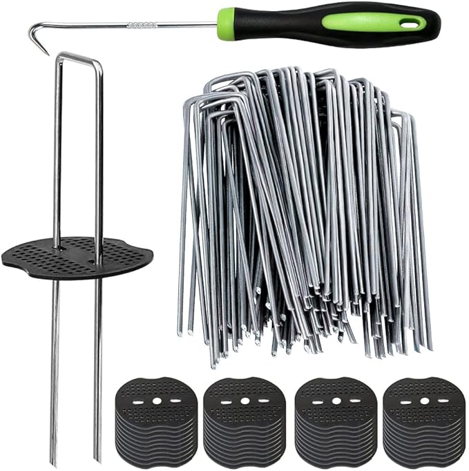 Bakulyor 200Pcs Landscape Staples + 200Pcs Gasket, 6 Inch Garden Stakes Staples 11 Gauge U Shaped Galvanized Lawn Landscape Pins, Heavy Duty Yard Ground Pin for Weed Barrier Sod Fabric Decorations