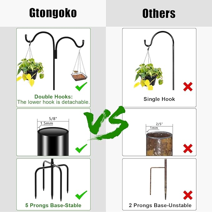 Gtongoko Double Shepherds Hook for Outdoor, 76 Inch Bird Feeder Pole with 5 Prongs Base, 5/8 Inch Thick Heavy Duty Adjustable Garden Hook for Hanging Plant, Lantern, Hummingbird Feeder, 1 Pack