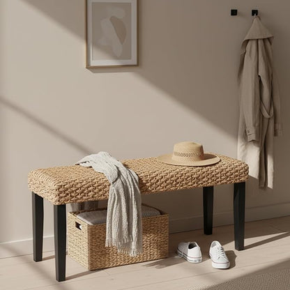 Solid Wood Acacia Indoor Bench with Natural Woven Seat, Boho Bench Entryway, Wood Bench for Living Room, Dining Benches, Wooden Bench for Bedroom, Entryway (Black Leg, Water Hyacinth)