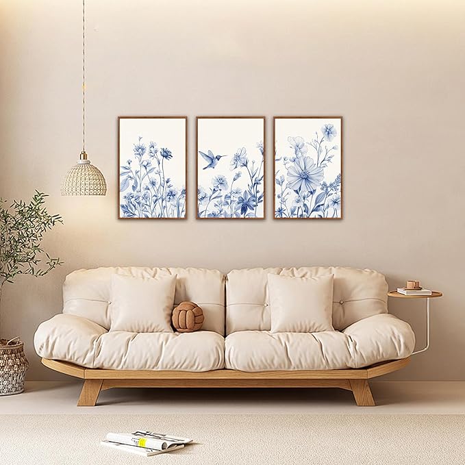 HLNIUC Bule Flower Bird Wall Art Set,Large Canvas Wall Art Blue White Wildflower Poster,Farmhouse Vintage Blue Bird Blossoms Canvas Painting,Botanical Floral Art Print for Living Room Bedroom-16"x24"x3