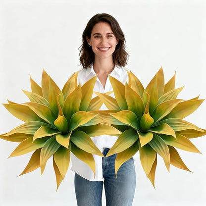Artificial Plants Outdoors Faux Agave Fake Greenery Outdoor Artificial Plant 28" Fake Plant for Indoor Home Decor Plastic Plant Outdoor Decor Front Porch Decor Faux Cactus(Yellow 2Pcs)No Vase