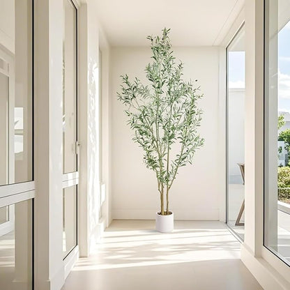 Artificial Fake Olive Tree 7FT Tall 1Pack with White Planter Faux Silk Olive Tree for Home Living Room Office Decor Faux Artificial Plants Indoor with Fruit & Free Moss
