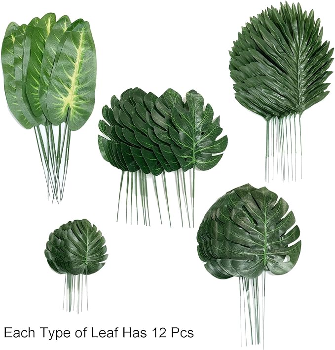 60 Pieces 5 Kinds Artificial Palm Leaves with Faux Stem, Tropical Party Decorations Jungle Monstera Leaves Safari Leaves for Hawaiian Luau Party Jungle Beach Table Leave Decorations