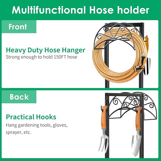 TomCare Garden Hose Holder Heavy Duty Water Hose Holder Holds 160 FT Hoses 4 Spikes Hose Reel with 2 Tool Hooks Freestanding Hose Hanger Sturdy Hose Storage Stand for Outside Yard Lawn, Black