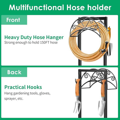 TomCare Garden Hose Holder Heavy Duty Water Hose Holder Holds 160 FT Hoses 4 Spikes Hose Reel with 2 Tool Hooks Freestanding Hose Hanger Sturdy Hose Storage Stand for Outside Yard Lawn, Black