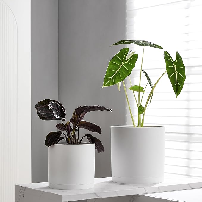 FaithLand 12-Inch Large Modern Cylinder Planter, Thick-Walled Plastic Plant Pot with Drainage Holes and Detachable Saucer, Matte White, Ideal for Indoor & Outdoor Plants Flowers