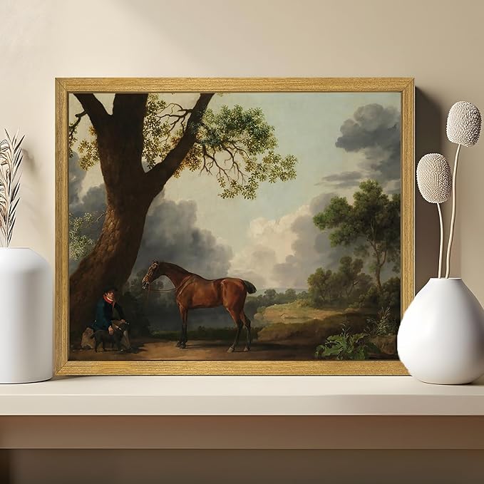 SAMHOU Wood Framed Vintage Horse Landscape Wall Art, George Stubbs Classic Rustic Oil Painting Print, Farmhouse Nature Scene Canvas Posters Wall Decor Picture for Living Room Bedroom Office 8x10 Inch