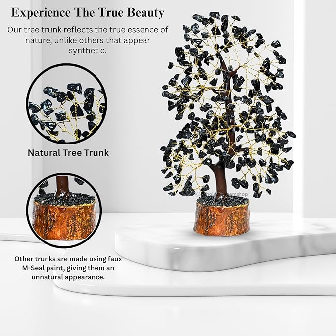 GEMSCITE Black Tourmaline Crystal Tree with Golden Wire – Handmade Gemstone Bonsai for Protection, Grounding & Home Decor