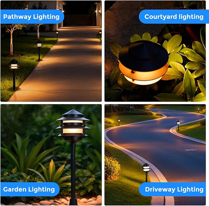 Gardencoin Pagoda Low Voltage Landscape Pathway Lights, 12V Outdoor LED Path Lights Wired, Aluminum Walkway Lighting with 4W 2700K Replaceable G4 Bulb, Classic 3-Tier Lantern, 6 Pack