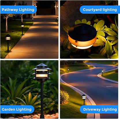 Gardencoin Pagoda Low Voltage Landscape Pathway Lights, 12V Outdoor LED Path Lights Wired, Aluminum Walkway Lighting with 4W 2700K Replaceable G4 Bulb, Classic 3-Tier Lantern, 6 Pack