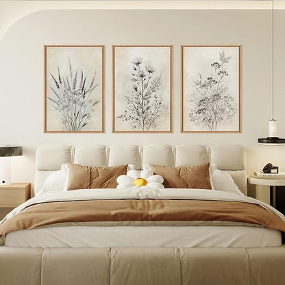 Large Neutral Flower Botanical Framed Canvas Wall Art,Boho Wildflowers Ink Wall Decor,Vintage Bouquet Wall Painting,Nature Artwork for Living Room,Bedroom,Dining Room,Office -24"x36"x3
