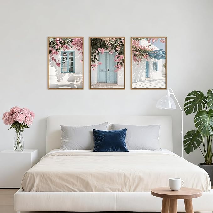 HOURIA Modern Greek Island Cityscape Framed Canvas Wall Art Set,European White House Blue Door Shutter Landscape Wall Decor,Santorini Natural Pink Flower Artwork for Living Room, Bedroom-16 x24 x3